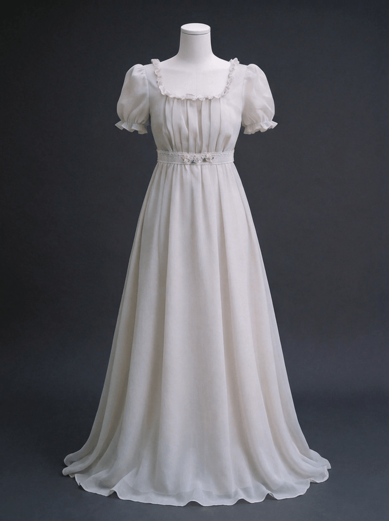 Regency Era Soft Grey Empire Waist Chiffon Dress with Puff Sleeves and Pleated Bust – Bridgerton Inspired Vintage Gown Plus Size