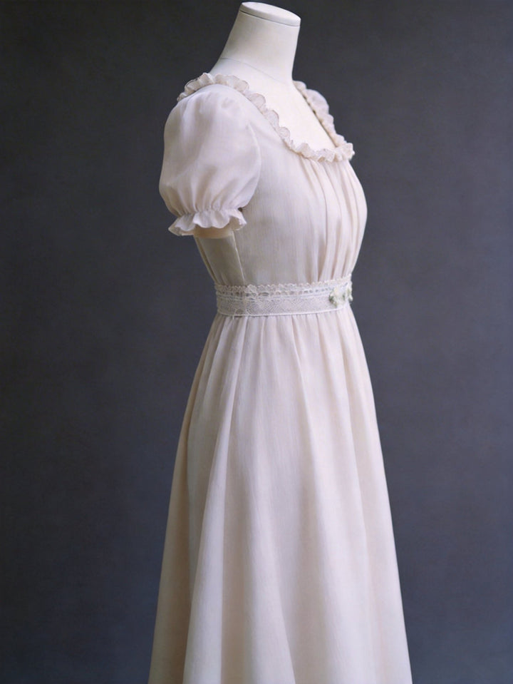 Regency Era Soft Grey Empire Waist Chiffon Dress with Puff Sleeves and Pleated Bust – Bridgerton Inspired Vintage Gown Plus Size - WonderlandByLilian