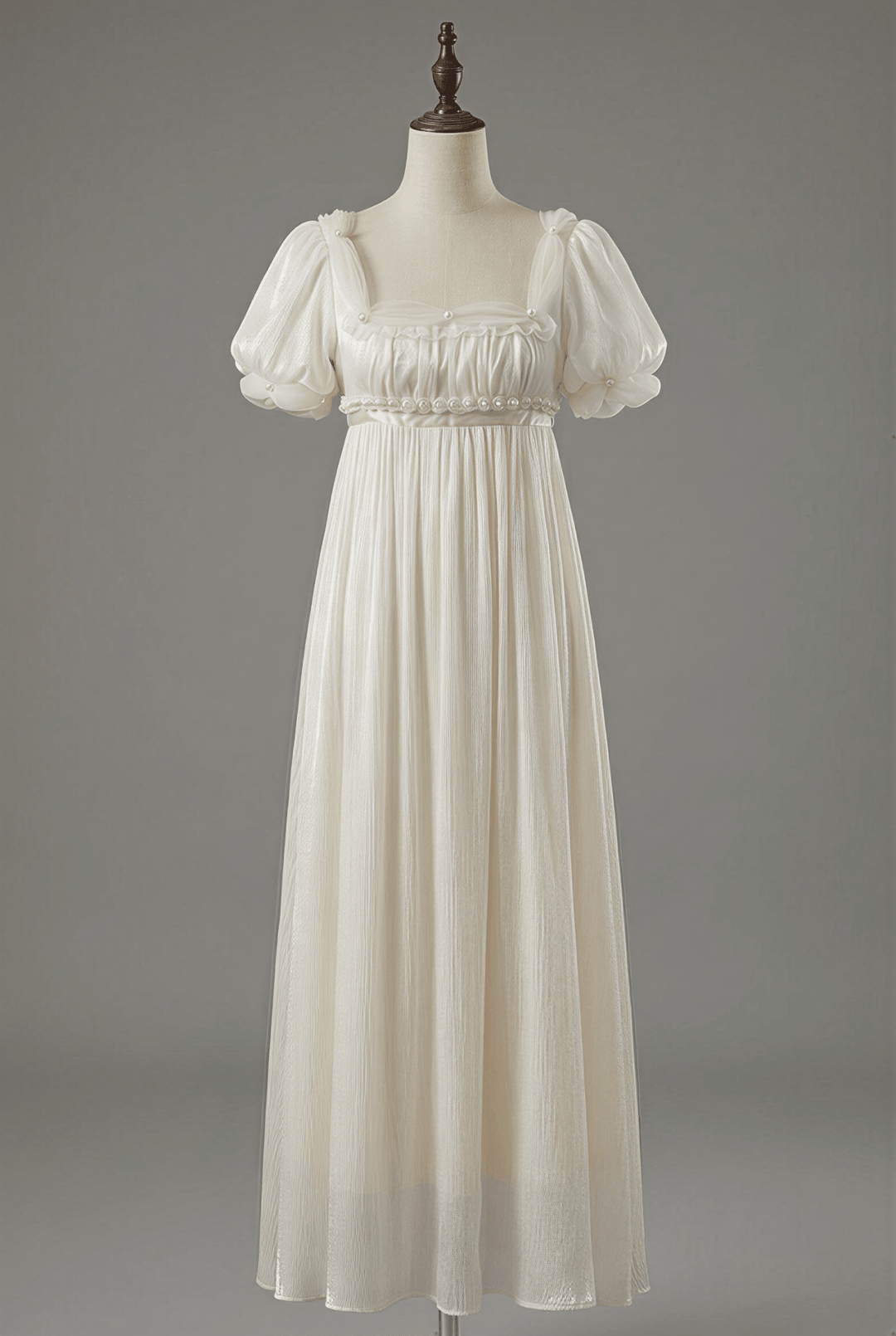 Regency Era Soft Ivory Empire Waist Chiffon Dress with Puff Sleeves – Bridgerton Inspired Vintage Gown Plus Size Size 0 / Ivory