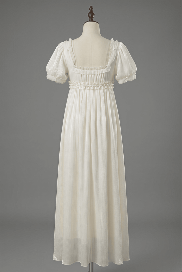 Regency Era Soft Ivory Empire Waist Chiffon Dress with Puff Sleeves – Bridgerton Inspired Vintage Gown Plus Size Size 0 / Ivory