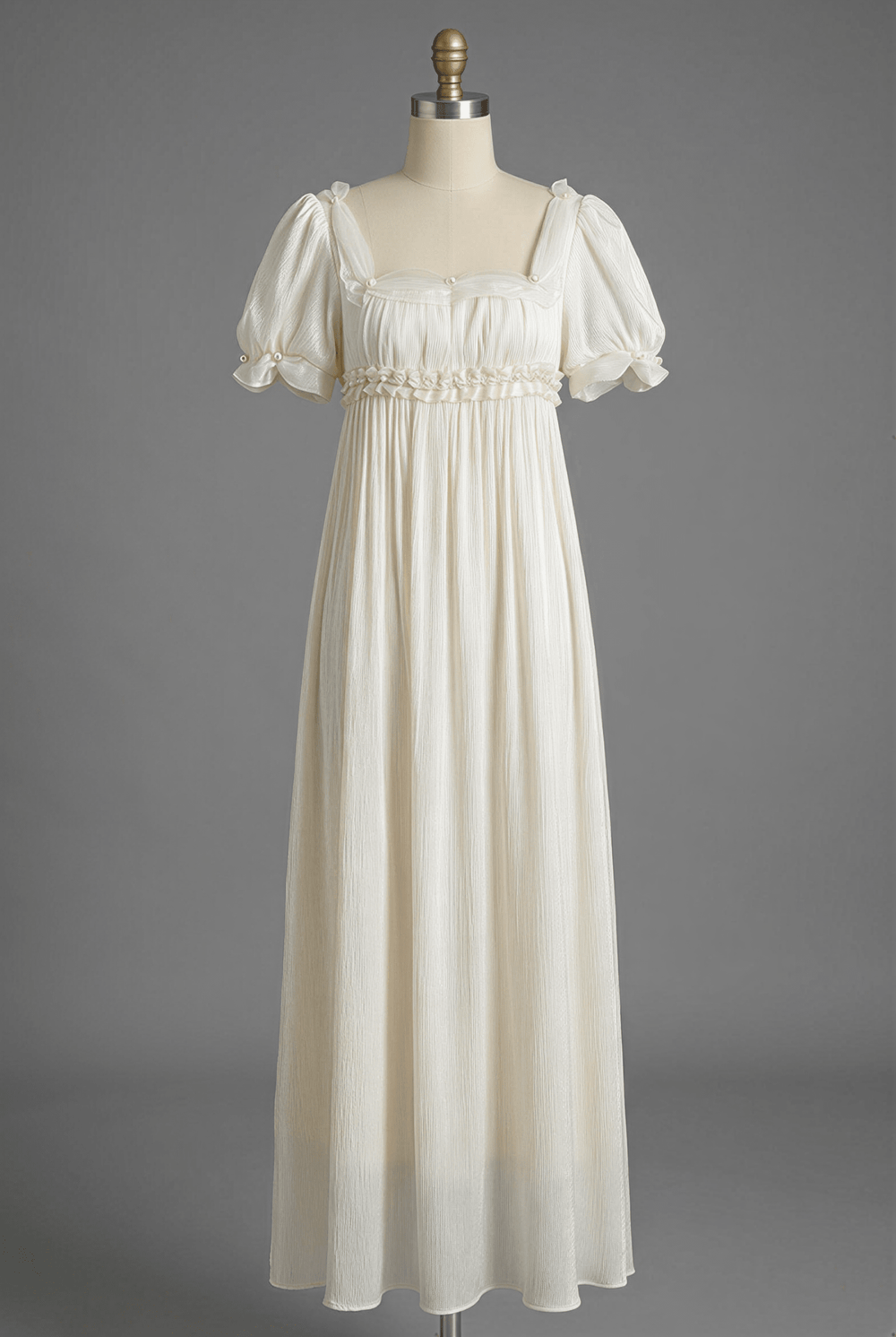 Regency Era Soft Ivory Empire Waist Chiffon Dress with Puff Sleeves – Bridgerton Inspired Vintage Gown Plus Size - WonderlandByLilian