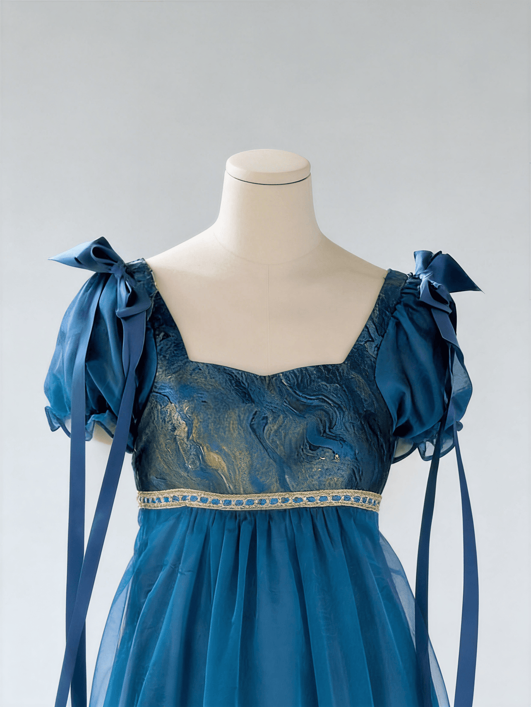 Regency Era Teal Empire Waist Chiffon Dress with Lace Bodice and Puff Sleeves – Bridgerton Inspired Vintage Gown Plus Size - WonderlandByLilian
