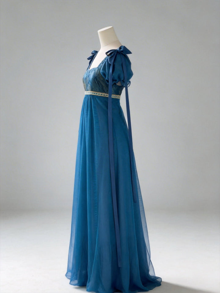 Regency Era Teal Empire Waist Chiffon Dress with Lace Bodice and Puff Sleeves – Bridgerton Inspired Vintage Gown Plus Size - WonderlandByLilian