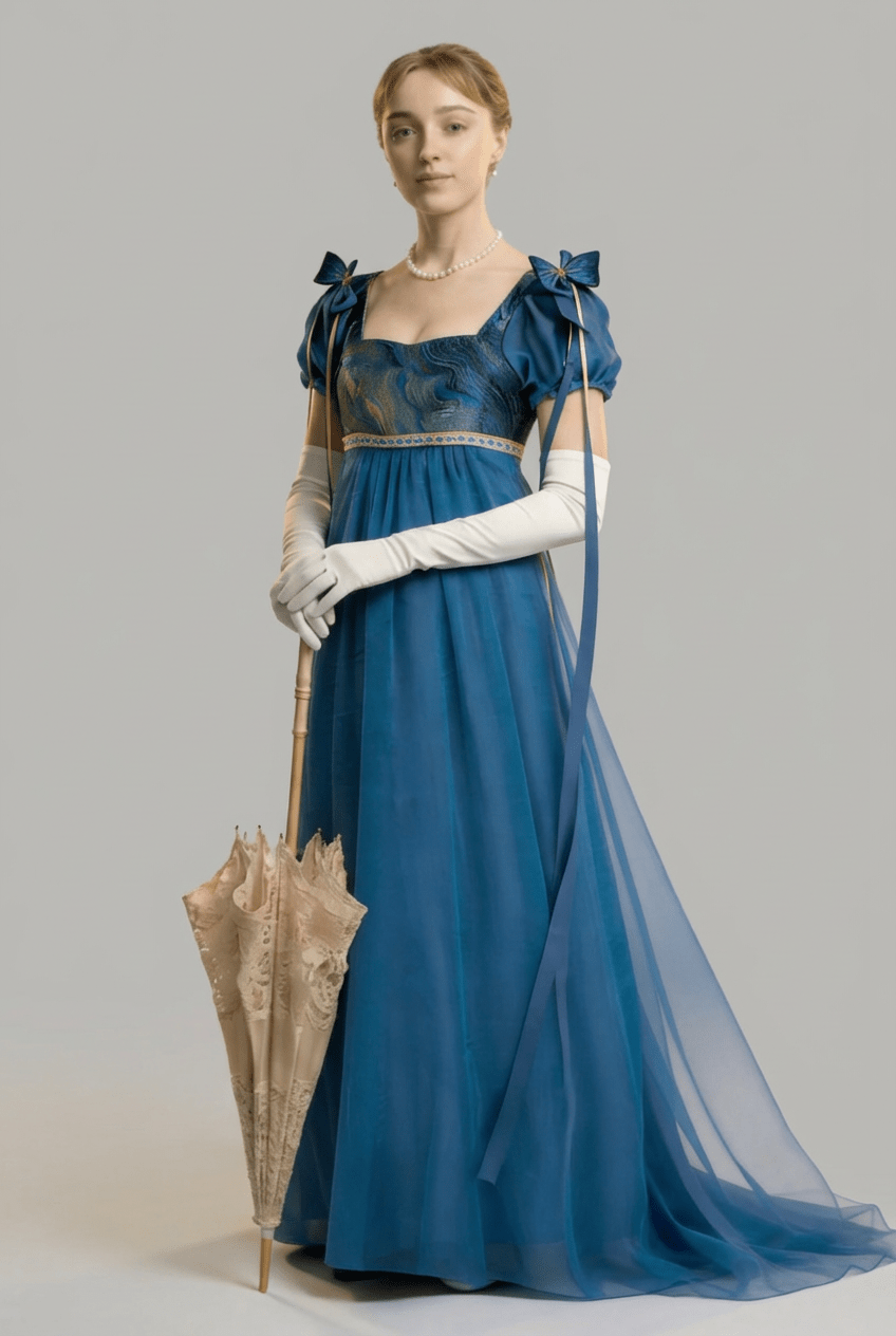Regency Era Teal Empire Waist Chiffon Dress with Lace Bodice and Puff Sleeves – Bridgerton Inspired Vintage Gown Plus Size