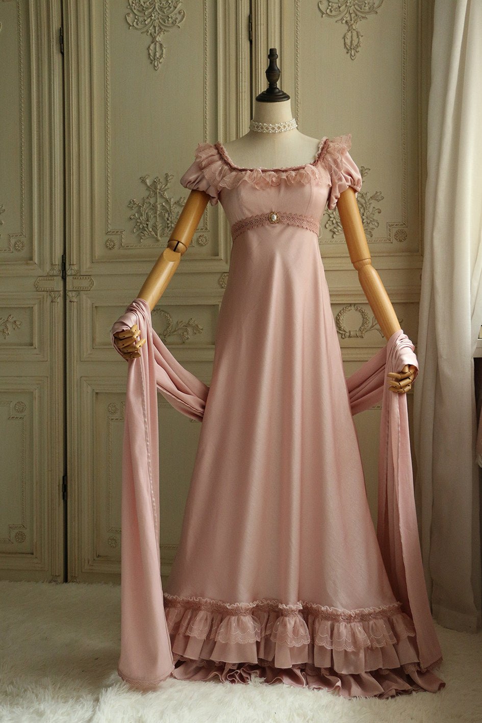 Regency Era Vintage Dusty Rose Empire Waist Dress – Bridgerton Inspired Pink Embossed Gown Plus Size - WonderlandByLilian