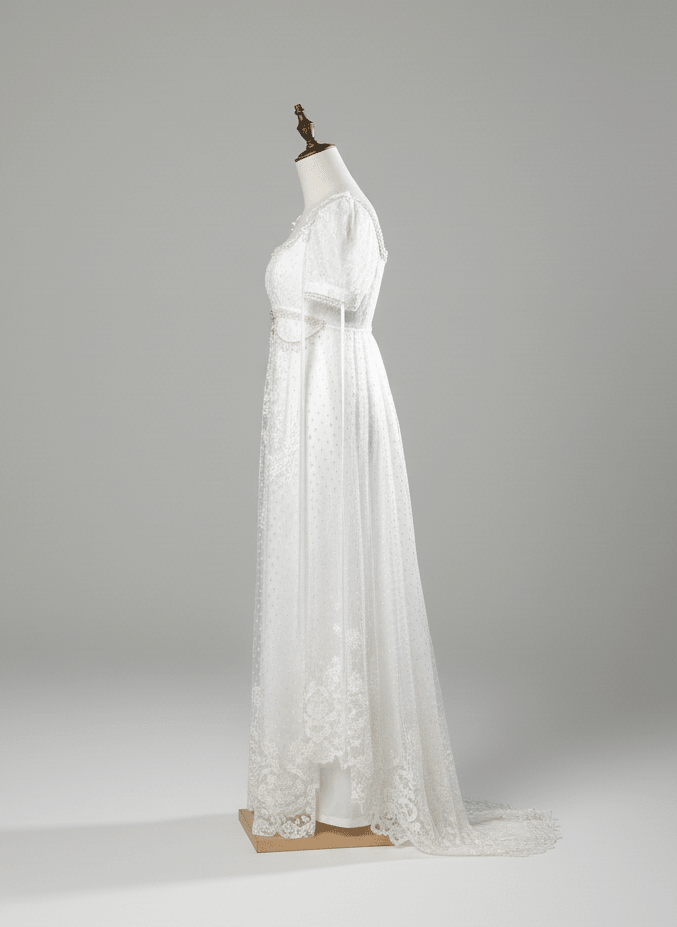 Regency Era White Empire Waist Dress with Puff Sleeves and Lace Overlay – Bridgerton Inspired Gown Plus Size - WonderlandByLilian