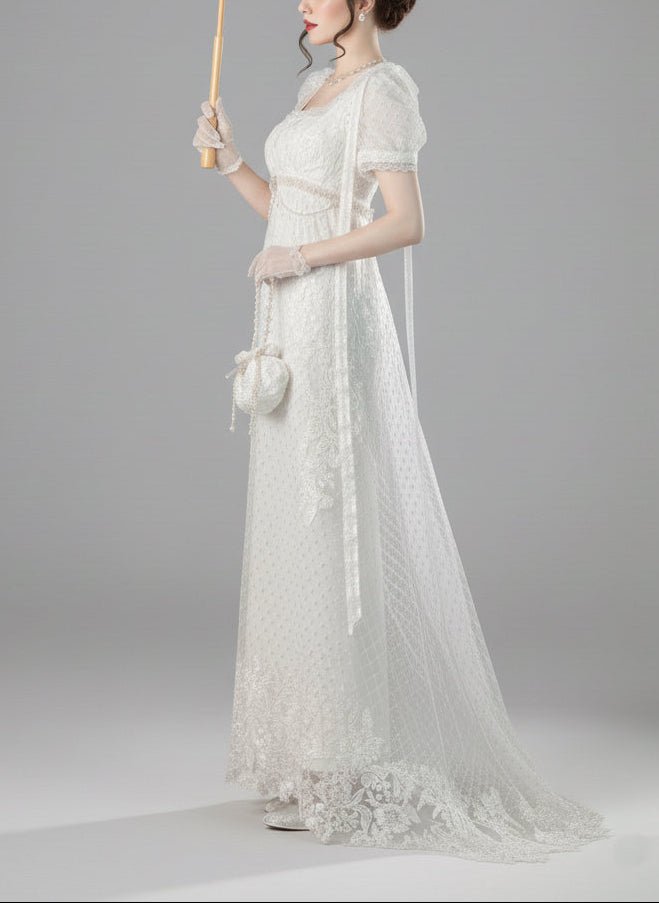 Regency Era White Empire Waist Dress with Puff Sleeves and Lace Overlay – Bridgerton Inspired Gown Plus Size - WonderlandByLilian