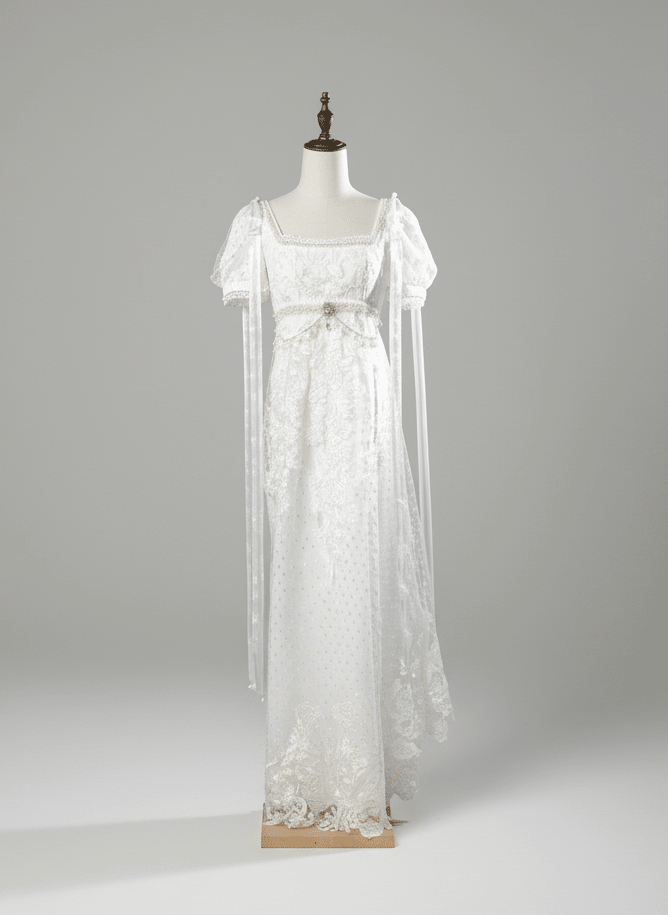 Regency Era White Empire Waist Dress with Puff Sleeves and Lace Overlay – Bridgerton Inspired Gown Plus Size - WonderlandByLilian
