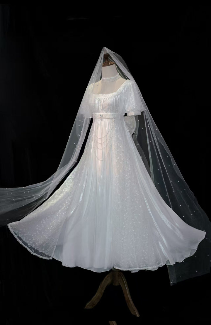 Regency Era White Pearl Tulle Empire Waist Wedding Dress – Bridgerton Inspired Sheer Sleeve Bridal Dress Plus Size - WonderlandByLilian