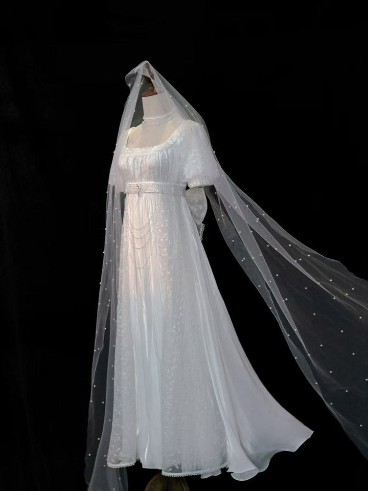 Regency Era White Pearl Tulle Empire Waist Wedding Dress – Bridgerton Inspired Sheer Sleeve Bridal Dress Plus Size - WonderlandByLilian
