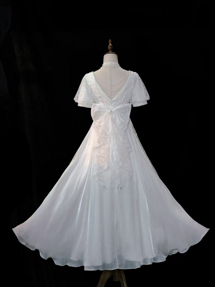 Regency Era White Pearl Tulle Empire Waist Wedding Dress – Bridgerton Inspired Sheer Sleeve Bridal Dress Plus Size - WonderlandByLilian