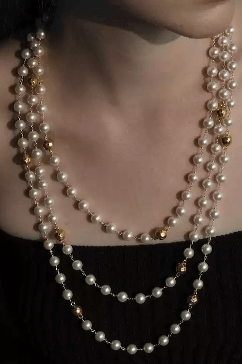 Reverie of Gabrielle – Long Pearl and Gold Bead Necklace - Salute to Gabrielle - WonderlandByLilian