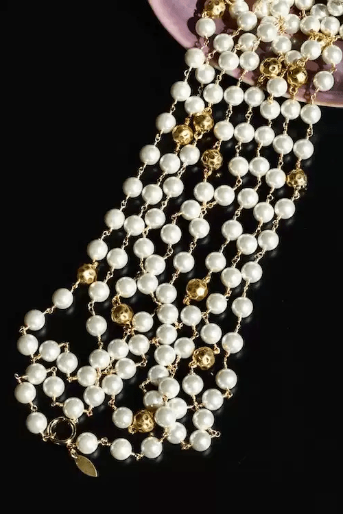Reverie of Gabrielle – Long Pearl and Gold Bead Necklace - Salute to Gabrielle - WonderlandByLilian