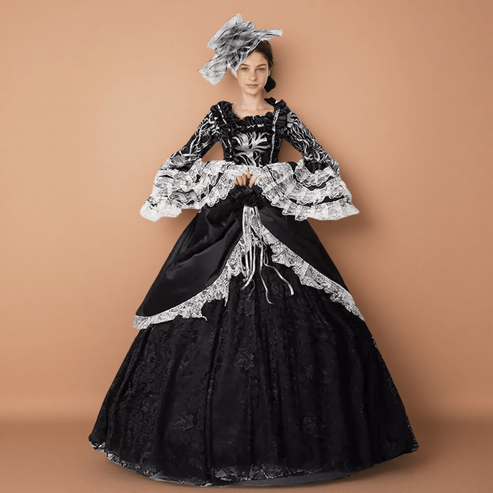 Rococo Black Ball Gown with Lace Bell Sleeves – Baroque Victorian Formal Dress Plus Size - WonderlandByLilian