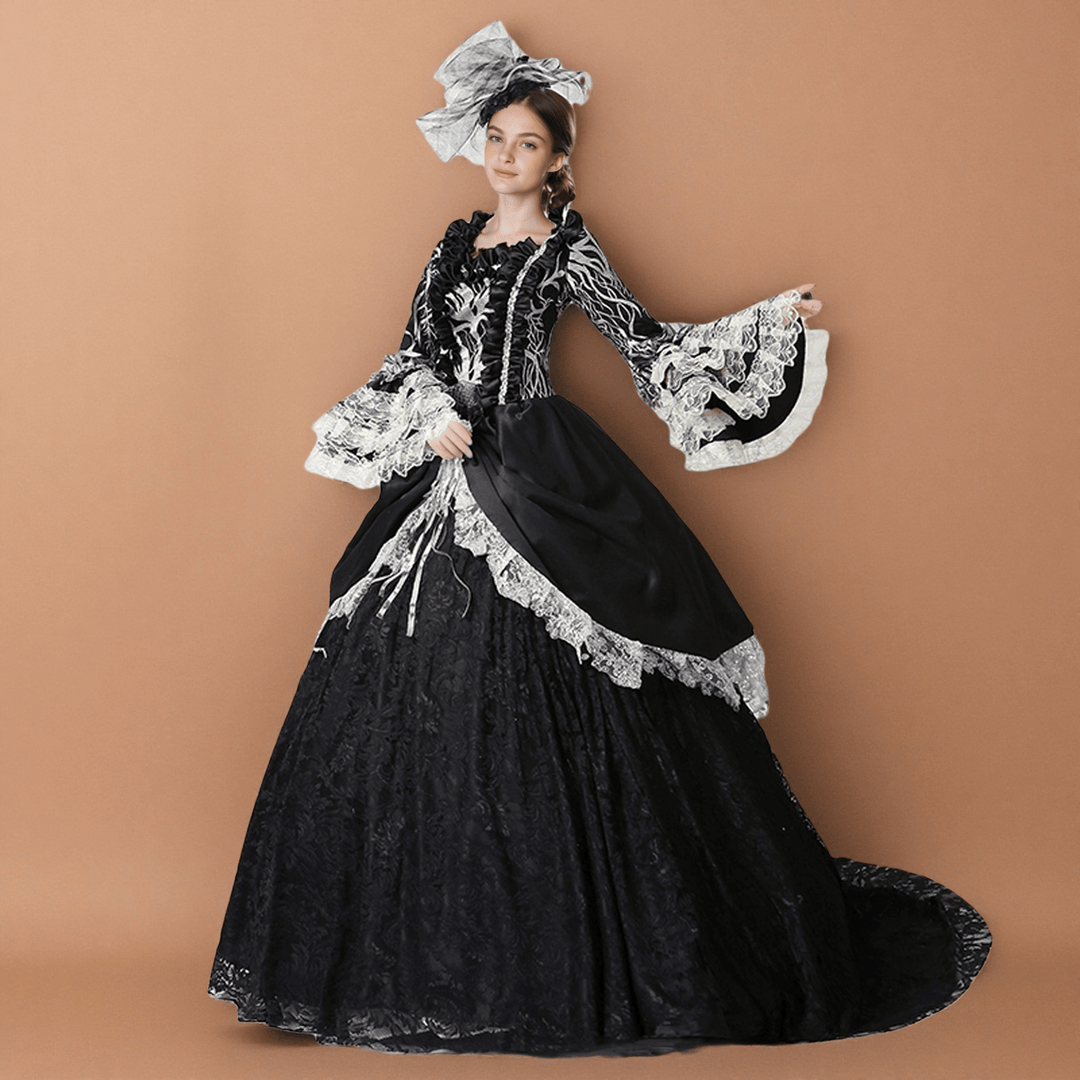 bell sleeve long black dress Rococo Black Ball Gown with Lace Bell Sleeves – Baroque Victorian Formal Dress Plus Size Size 14 / Black
