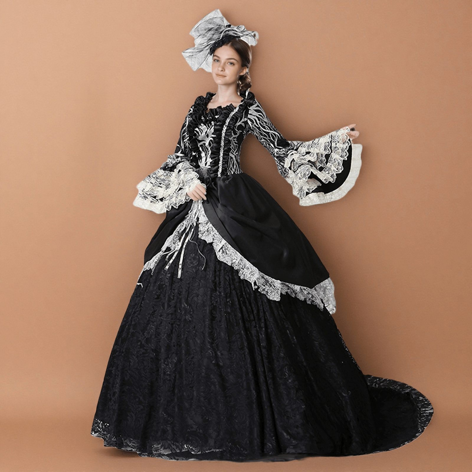 baroque formal dress Champagne Satin Lace Long Sleeve Rococo Baroque Dress