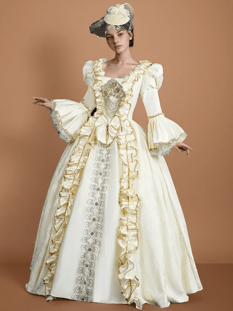 Rococo Cream Ball Gown with Ruffle Trim and Embroidered Bodice – Lace-Up Rococo Costume Dress