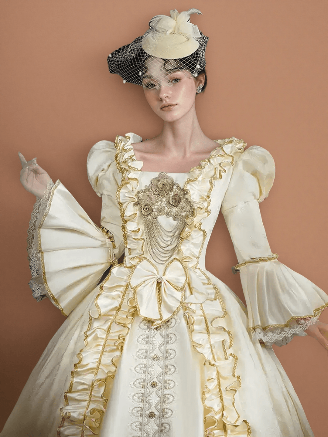 Rococo Cream Ball Gown with Ruffle Trim and Embroidered Bodice – Lace - Up Rococo Costume Dress - WonderlandByLilian
