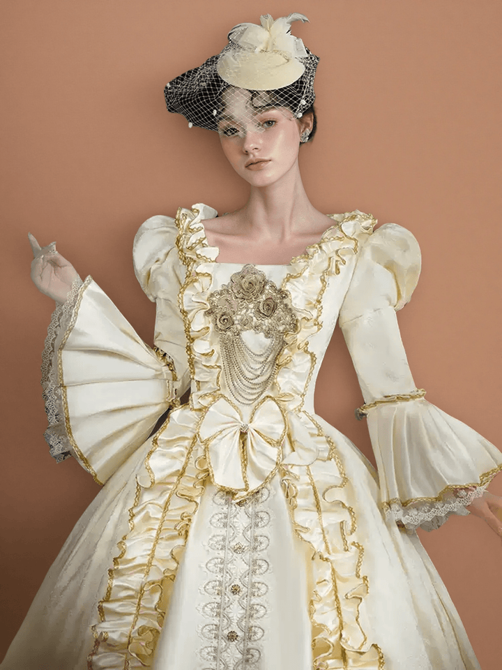Rococo Cream Ball Gown with Ruffle Trim and Embroidered Bodice – Lace - Up Rococo Costume Dress - WonderlandByLilian