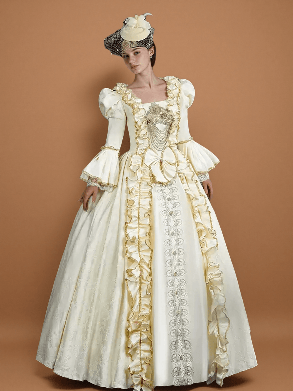 Rococo Cream Ball Gown with Ruffle Trim and Embroidered Bodice – Lace - Up Rococo Costume Dress - WonderlandByLilian