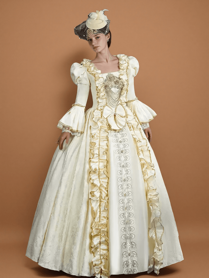 Rococo Cream Ball Gown with Ruffle Trim and Embroidered Bodice – Lace - Up Rococo Costume Dress - WonderlandByLilian