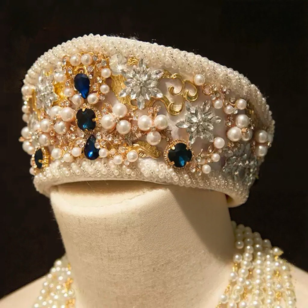 Rococo - Inspired Handmade Pearl and Sapphire Imperial Crown of Russia – Baroque Tiara with Gold Filigree Embellishment - WonderlandByLilian