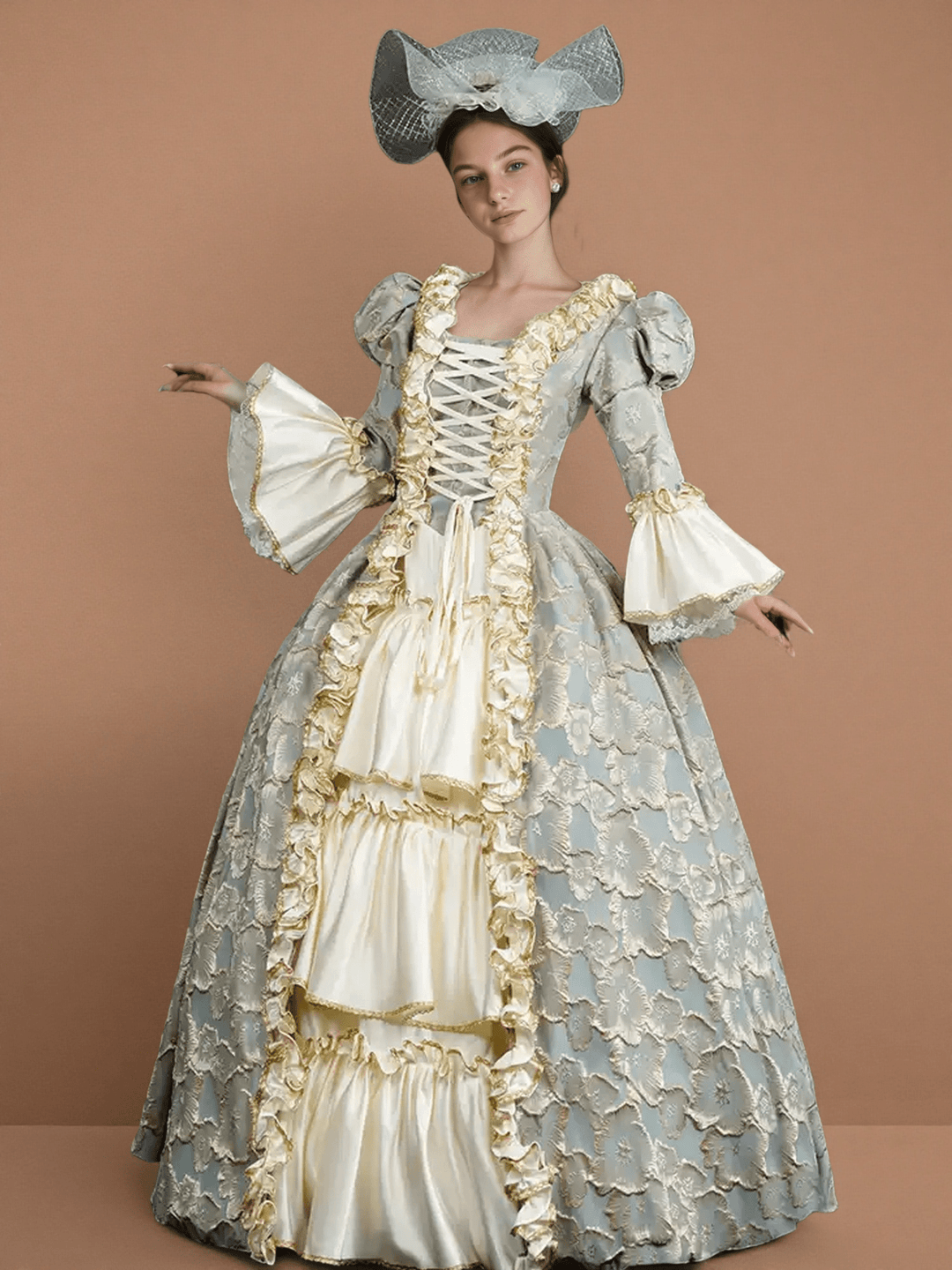 Rococo Pale Blue and Gold Embroidered Ball Gown – Vintage Court Dress with Lace - Up Bodice and Satin Skirt - WonderlandByLilian