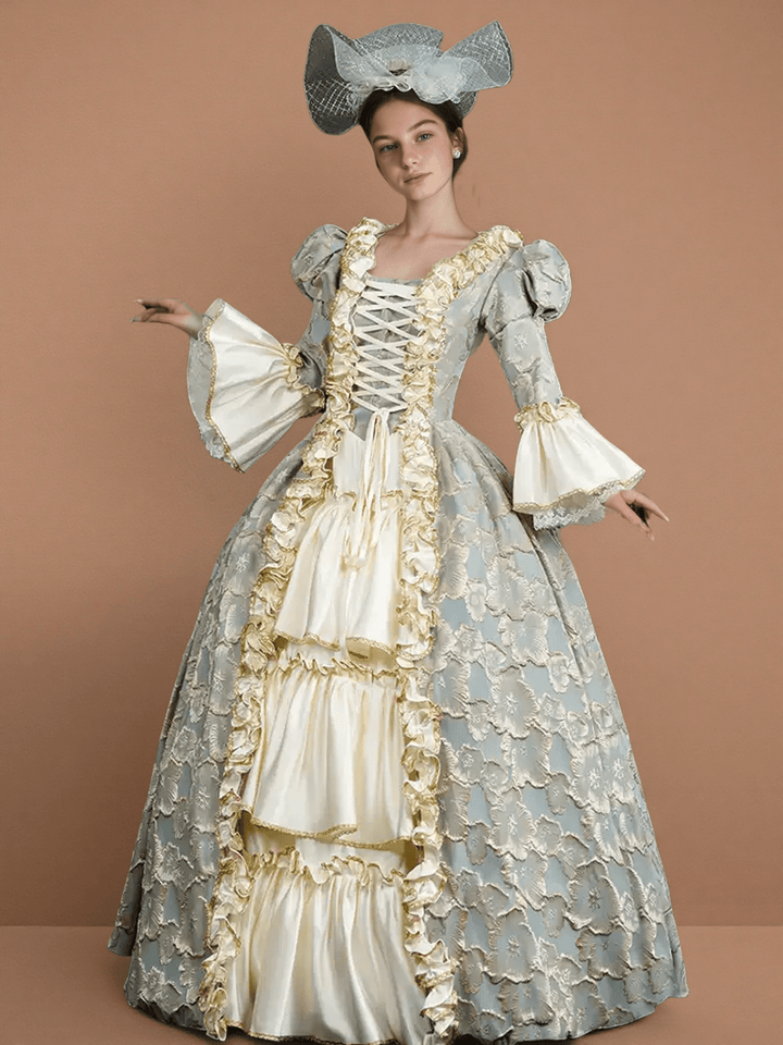 Rococo Pale Blue and Gold Embroidered Ball Gown – Vintage Court Dress with Lace - Up Bodice and Satin Skirt - WonderlandByLilian