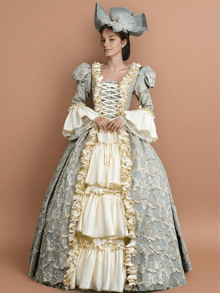 Rococo Pale Blue and Gold Embroidered Ball Gown – Vintage Court Dress with Lace-Up Bodice and Satin Skirt Size 10 / Light Blue