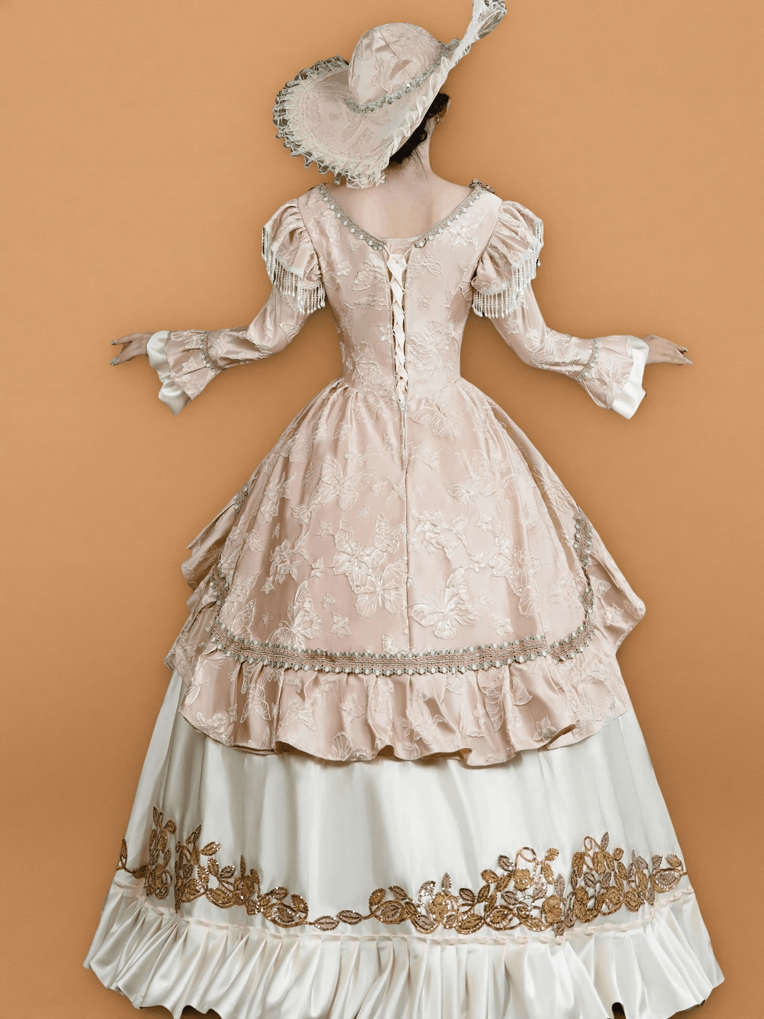 Rococo Pink and Cream Ball Gown Dress – Embroidered Floral Bodice with Frilled Sleeves and Wide Brim Hat - WonderlandByLilian