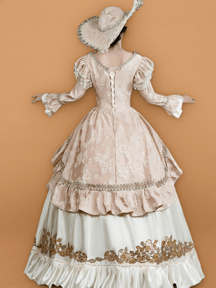 Rococo Pink and Cream Ball Gown Dress – Embroidered Floral Bodice with Frilled Sleeves and Wide Brim Hat - WonderlandByLilian