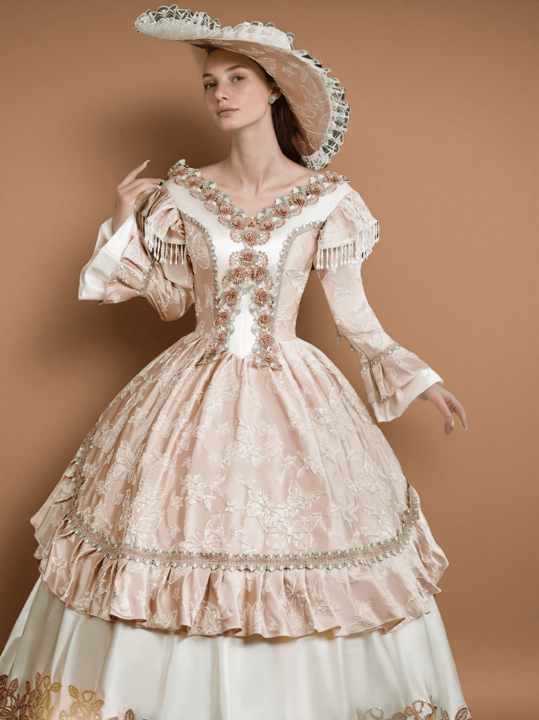 Rococo Pink and Cream Ball Gown Dress – Embroidered Floral Bodice with Frilled Sleeves and Wide Brim Hat - WonderlandByLilian