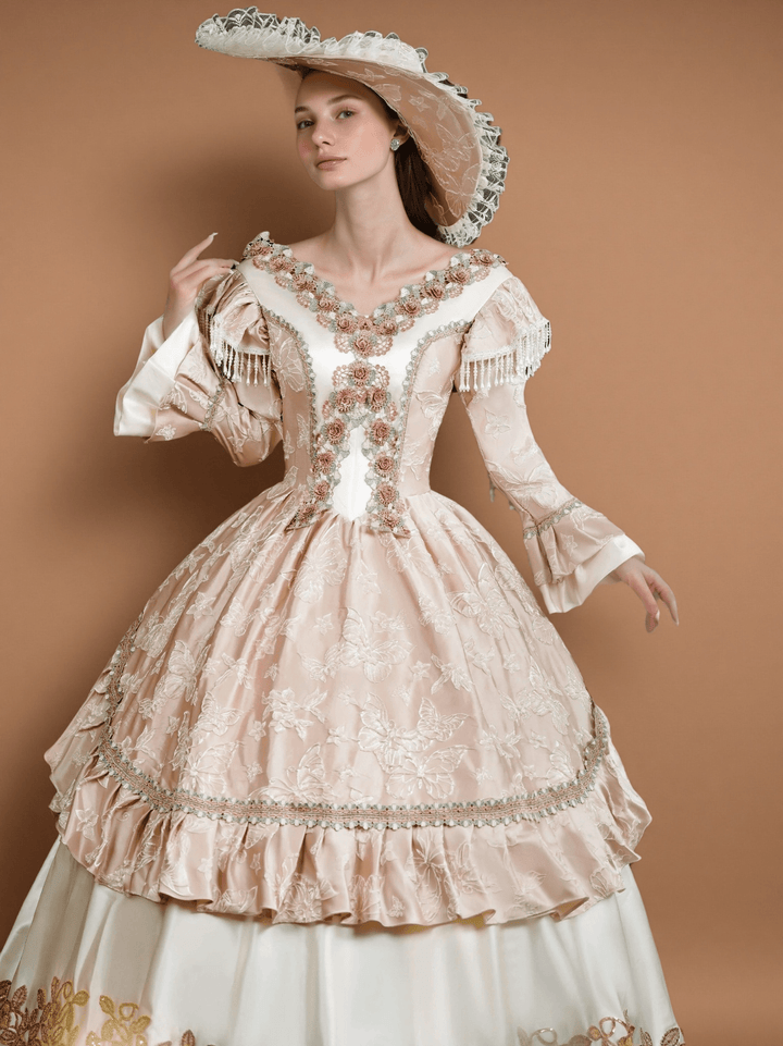 Rococo Pink and Cream Ball Gown Dress – Embroidered Floral Bodice with Frilled Sleeves and Wide Brim Hat - WonderlandByLilian