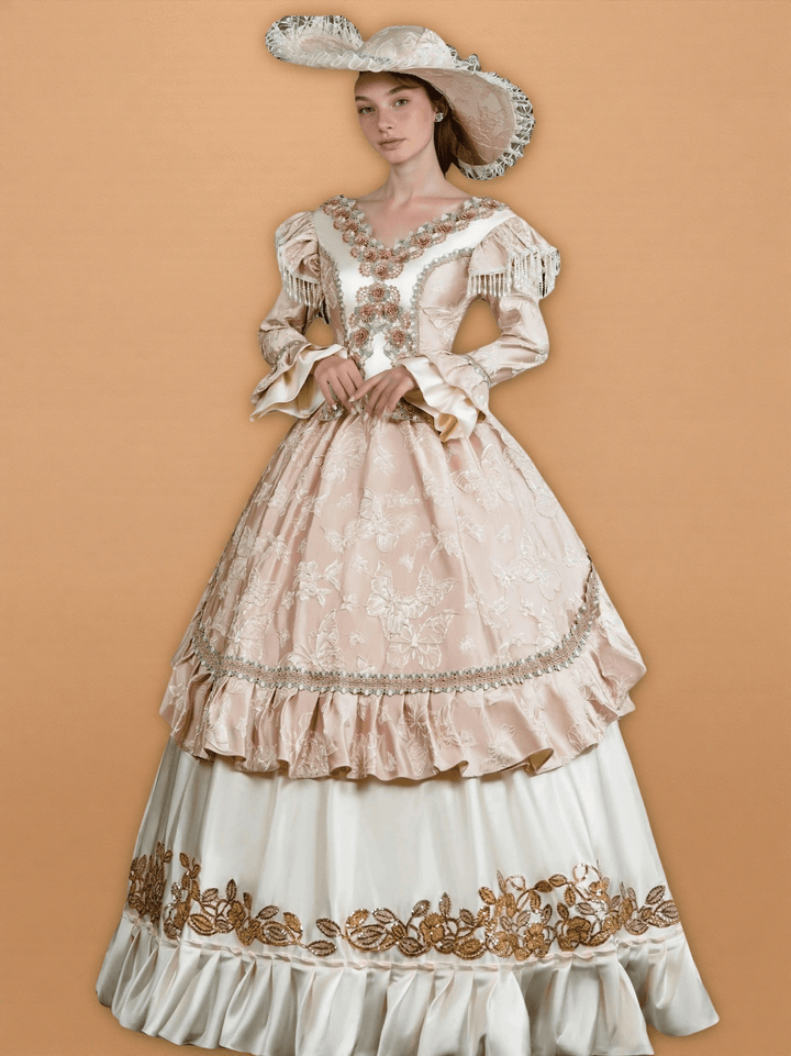 Rococo Pink and Cream Ball Gown Dress – Embroidered Floral Bodice with Frilled Sleeves and Wide Brim Hat - WonderlandByLilian
