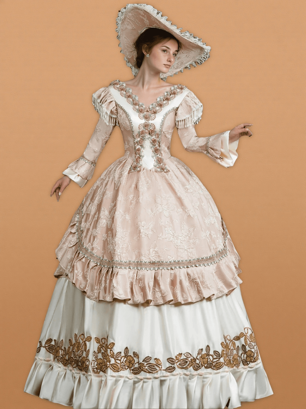 Rococo Pink and Cream Ball Gown Dress – Embroidered Floral Bodice with Frilled Sleeves and Wide Brim Hat - WonderlandByLilian