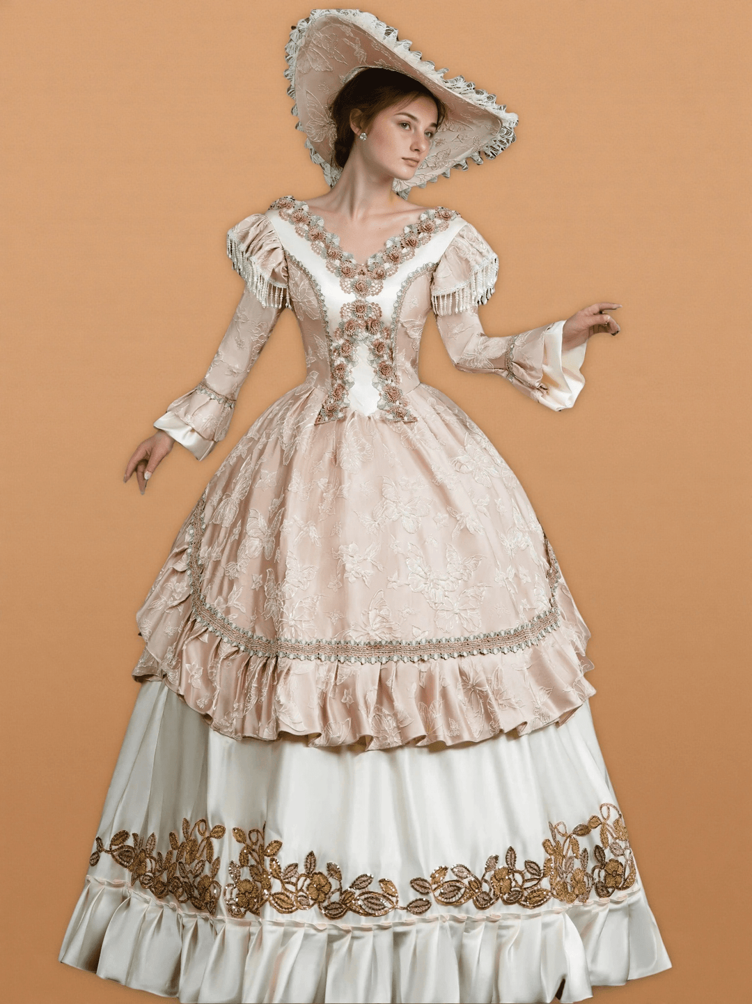 Rococo Pink and Cream Ball Gown Dress – Embroidered Floral Bodice with Frilled Sleeves and Wide Brim Hat - WonderlandByLilian