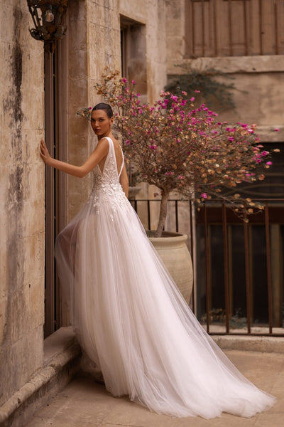 Romantic A-Line Wedding Dress with Beaded Floral Appliqués and Illusory Cutouts, Plus Size Available - WonderlandByLilian