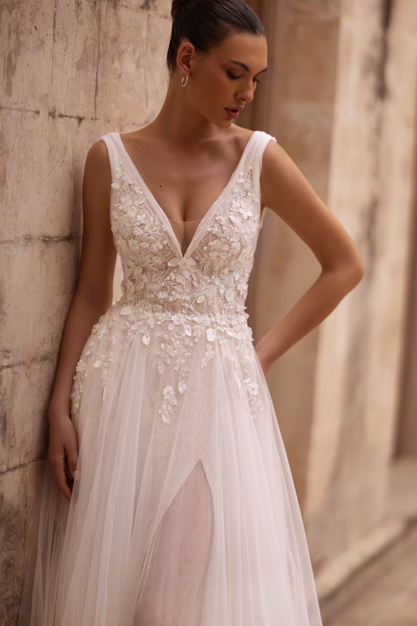 Romantic A-Line Wedding Dress with Beaded Floral Appliqués and Illusory Cutouts, Plus Size Available - WonderlandByLilian
