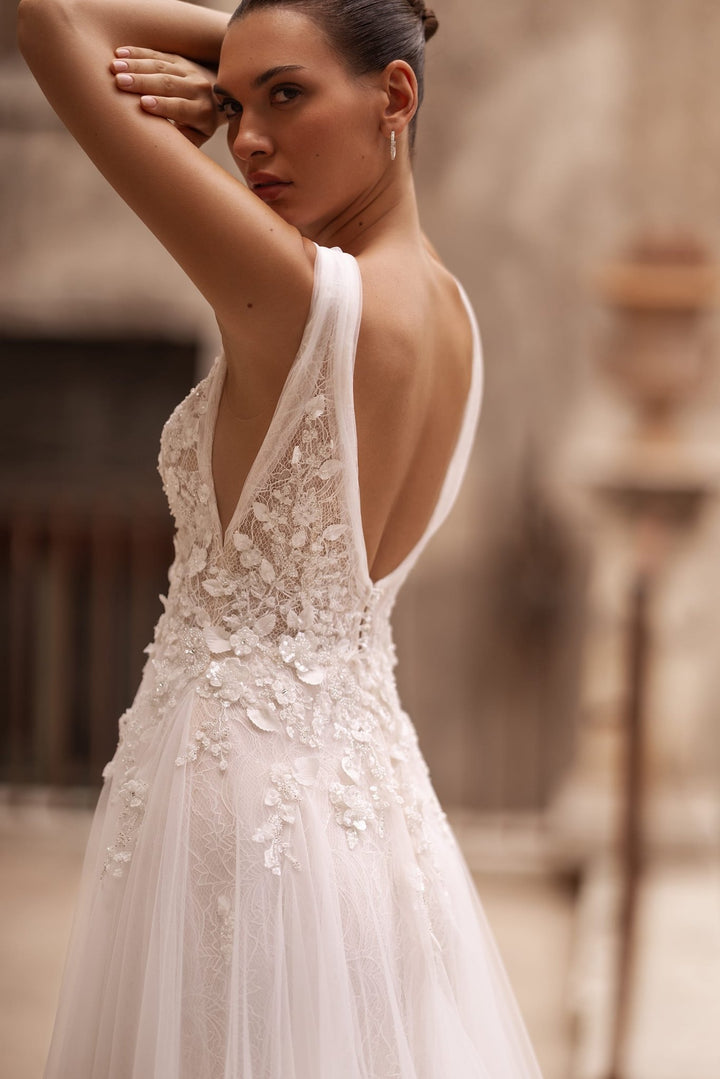 Romantic A-Line Wedding Dress with Beaded Floral Appliqués and Illusory Cutouts, Plus Size Available - WonderlandByLilian