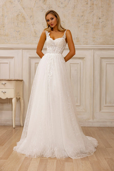 Romantic Floral Lace A-Line Wedding Gown | Sweetheart Neckline Bridal Dress with Train - WonderlandByLilian