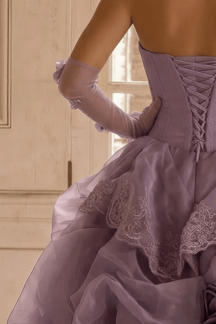 Romantic Lavender Purple Tiered Gown with Floral Appliqué – Strapless Evening Dress with Corset Back and Lace Plus Size - WonderlandByLilian