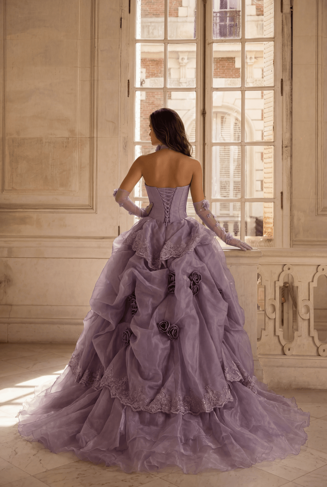 Romantic Lavender Purple Tiered Gown with Floral Appliqué – Strapless Evening Dress with Corset Back and Lace Plus Size Size 0 / Purple / with Choker