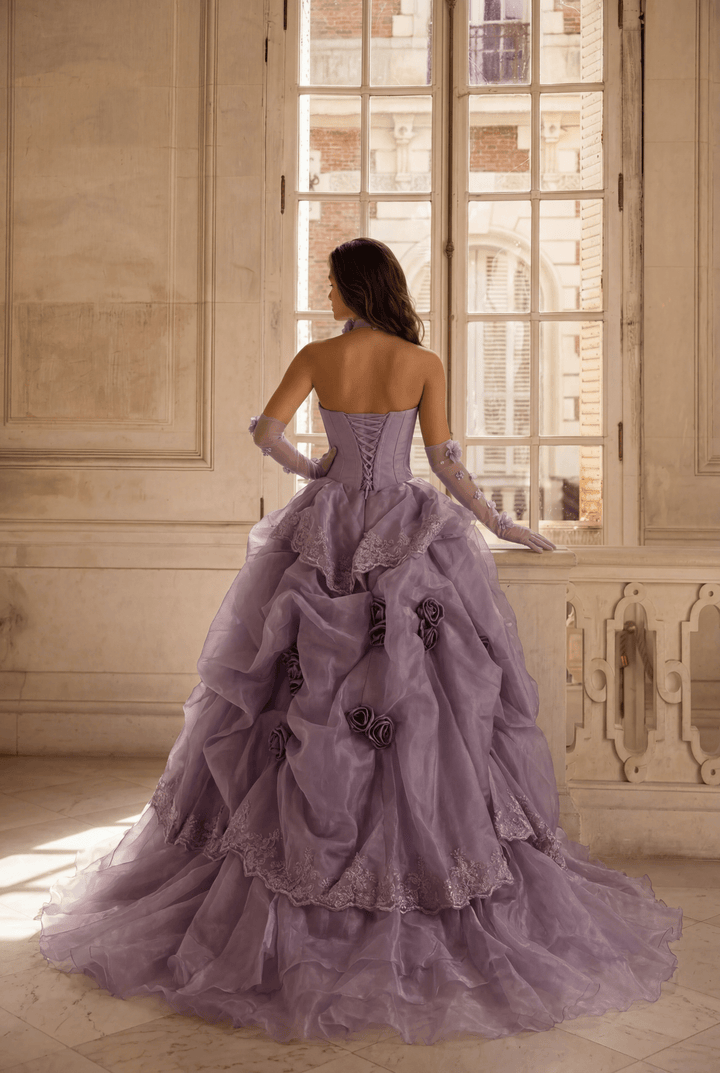 Romantic Lavender Purple Tiered Gown with Floral Appliqué – Strapless Evening Dress with Corset Back and Lace Plus Size - WonderlandByLilian