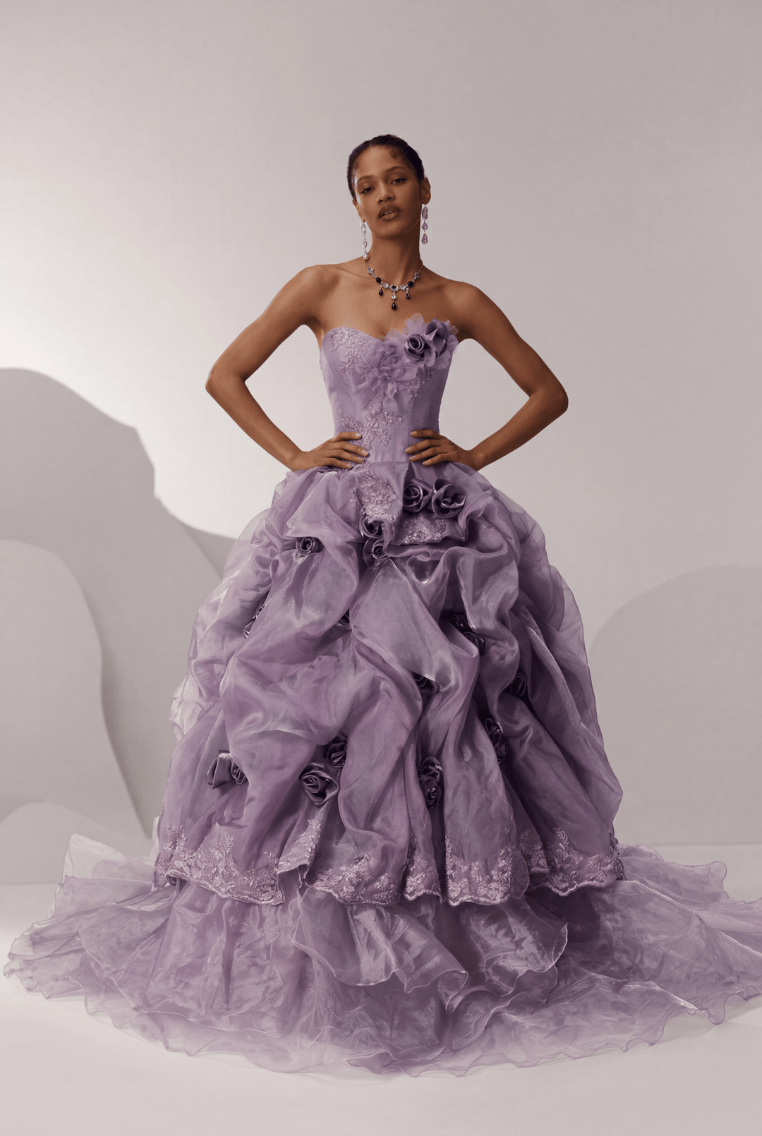 Romantic Lavender Purple Tiered Gown with Floral Appliqué – Strapless Evening Dress with Corset Back and Lace Plus Size Size 0 / Purple / with Choker