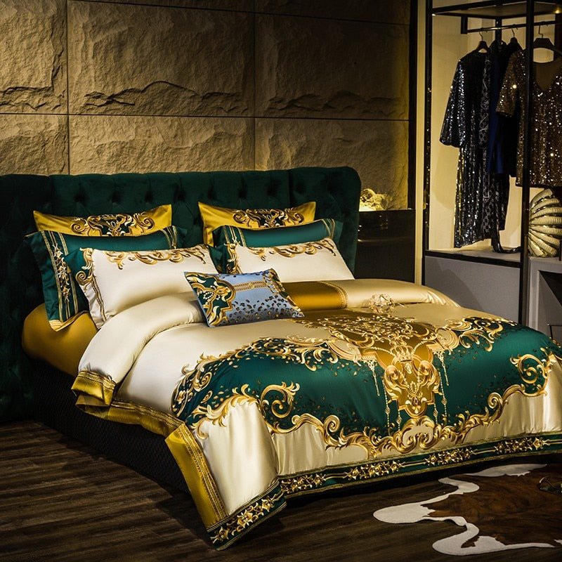 Rosalee Royal Gold And Green Embroidered Egyptian Cotton Bedding Set - WonderlandByLilian