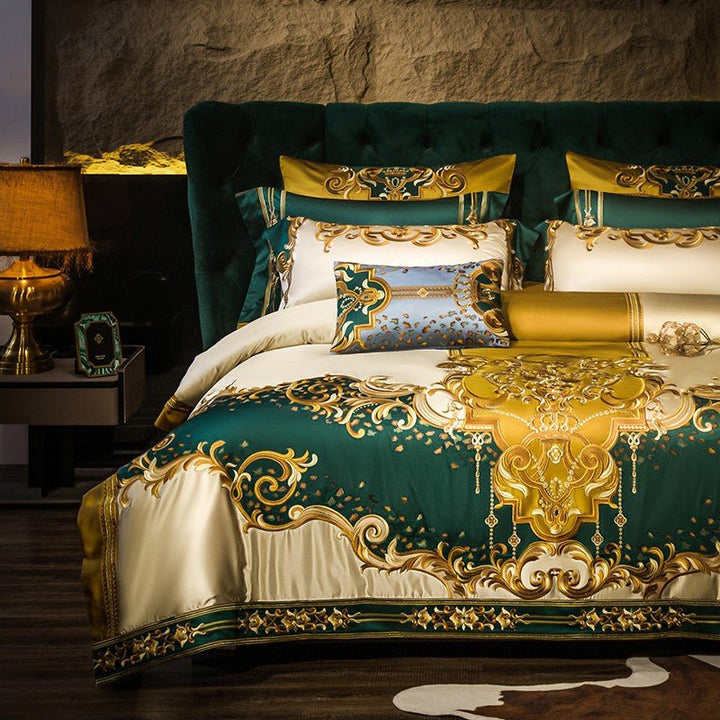 Rosalee Royal Gold And Green Embroidered Egyptian Cotton Bedding Set - WonderlandByLilian