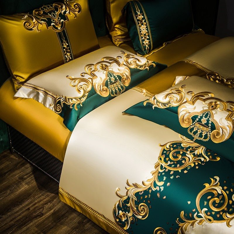 Rosalee Royal Gold And Green Embroidered Egyptian Cotton Bedding Set - WonderlandByLilian