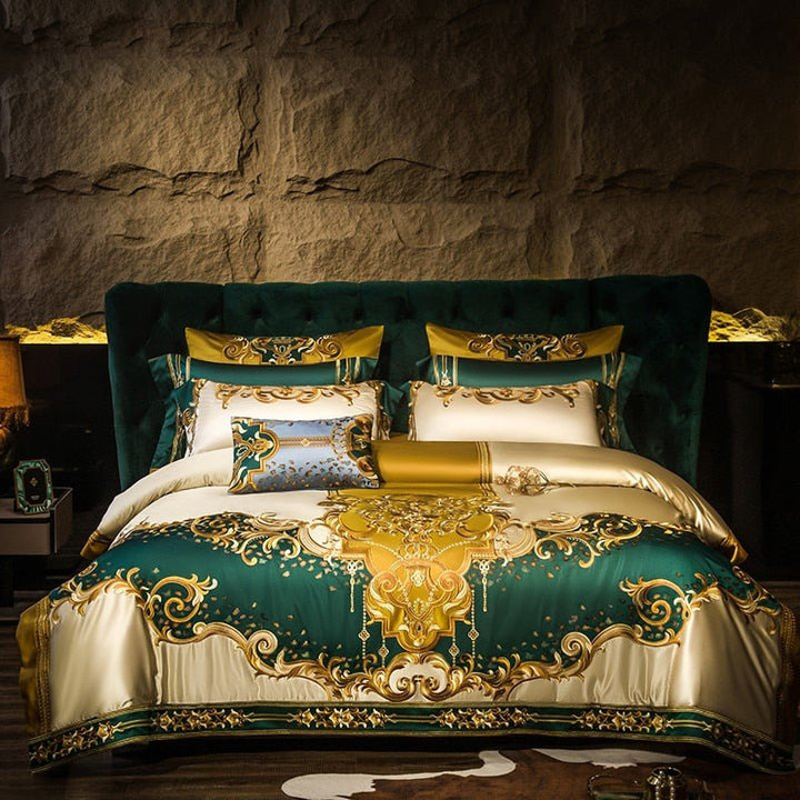 Rosalee Royal Gold And Green Embroidered Egyptian Cotton Bedding Set - WonderlandByLilian