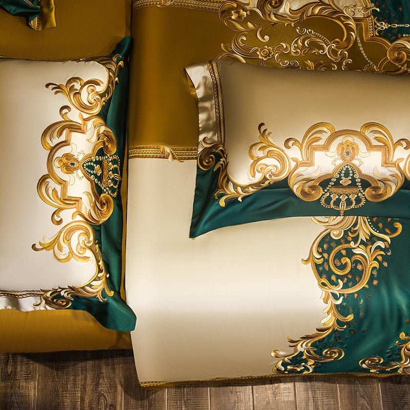 Rosalee Royal Gold And Green Embroidered Egyptian Cotton Bedding Set - WonderlandByLilian