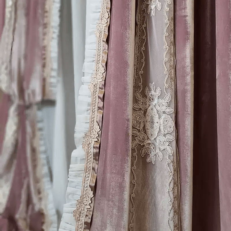 “Rosé Mornings” Rococo Curtains – Pink Velvet Versailles Drapes with Lace Trim for Romantic Home Interiors - WonderlandByLilian